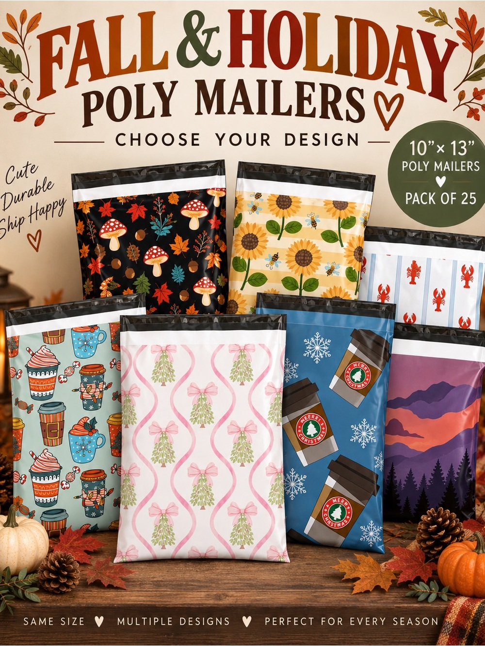 Fall & Holiday Poly Mailers 10x13 – 25 Pack – Choose Your Design